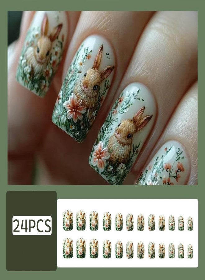 HJKDSFD Easter Cute Rabbit Press on Nails Square Short Fake Nails 3D Embossed False Nails with Flower Bunny Designs Reusable Full Cover Glue on Nail Easter Acrylic Nails Kit for Women Girls 24Pcs - Image 2